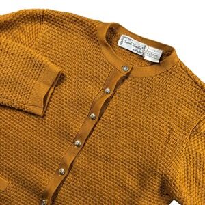 VTG Sarah Bentley Cardigan Womens L Mustard Yellow Waffle Knit Silver Buttons